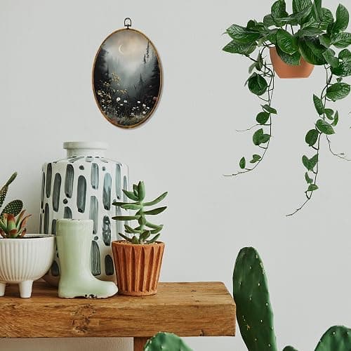 Hiuwevt Vintage Moody Forest Moon Oval Wall Art Decor, Dark Cottagecore Flower Field Framed Canvas Prints, Rustic Landscape Oval Wall Hanging Decor for Home Bedroom Decorations, 8.6x11.4 Inches thumbnail 2