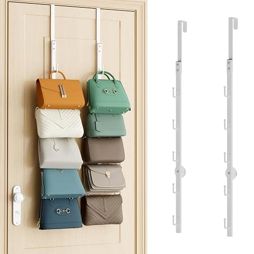 SWTYMIKI Over the Door Purse Organizer - 2 Packs Wall Mounted Purse Rack with 5 Hooks Design, Hanging Handbag Organizer Storage Holds up to 10 Bags, Bag Rack for Closet, Door (White) - Image 1