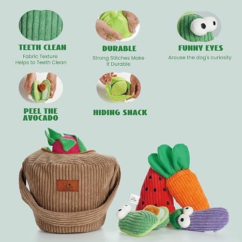 Nocciola Small Squeaky Crinkle Dog Toys- 15 Packs Grocery Basket Fruits Veggies Puppy Toys to Keep Busy, Cute Durable Plush Stuffed Hide Seek Cognitive Dog Christmas Stocking Stuffers thumbnail 4