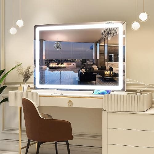 FENNIO Vanity Mirror with Lights 32"x22", Lighted Makeup Mirror, Large Vanity Mirror with Lights, Touch Sensor with 3-Color Lighting, USB Charging Port for Vanity Desk Tabletop thumbnail 5