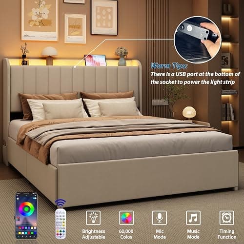 Etditrnp Queen Bed Frame with 4 Storage Drawers, LED Bed Frame with Charging Station, Velvet Channel Tufted Upholstered Headboard, Wood Slats Support Noise-Free, No Box Spring Needed, Beige thumbnail 5