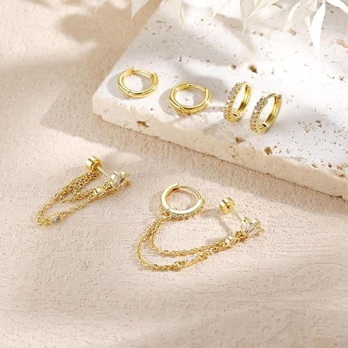 Earring Stacks Chain Gold Cartilage Helix Multiple Piercing Hoop Sets Women | 6PCS,Flat/Butterfly Back,14K Gold/Silver Plated,Dangle Huggie Hoop,White/Green CZ,Trendy Stackable Prom Jewelry Gift thumbnail 4