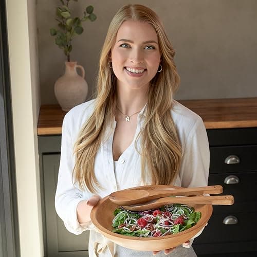 Extra Large Wooden Salad Bowl Set With Serving Utensils - A Beautiful Party Salad & Fruit Bowl With Serving Spoons Perfect for Your Dinner Party - Decorative & Practical Kitchen Must-Have thumbnail 2