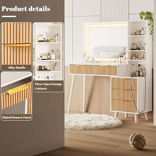 44" Vanity Desk with Mirror and Lights, Makeup Vanity Desk with Power Outlet, Makeup Desk with 5 Drawers&Storage Shelves, Vanity Table 3 Color Adjustable Brightness Dressing Table Set for Bedroom thumbnail 6