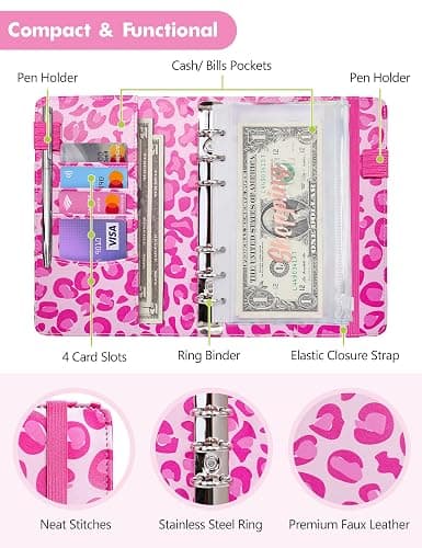A6 Budget Binder for Money Saving, PU Leather Budget Planner with 8 Cash Envelopes, Budget Sheets & Rose Gold Category Stickers, Money Organizer for Cash (Pink Leopard) thumbnail 3