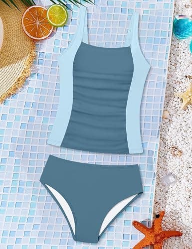 HOTOME Girls Tankini Swimsuit Solid Color Blocking Two Piece Bathing Suit Ruched Slimming Teen Girls' Swimwear for 9-18Years thumbnail 5
