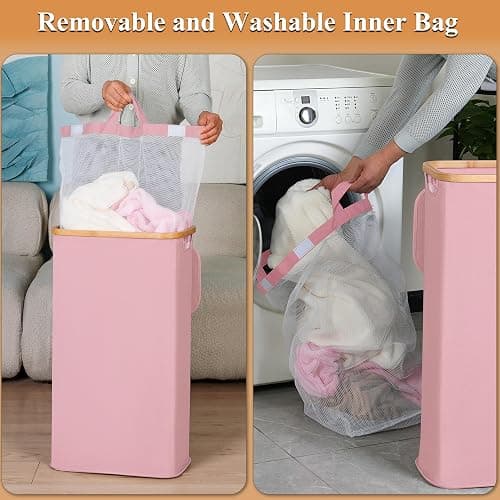 iEGrow Laundry Hamper with Lid, 110L Large Laundry Basket with Handle and Lid, Collapsible Clothes Basket Organizer with Removable Inner Bag for Clothes Toys Towels,Pink thumbnail 4