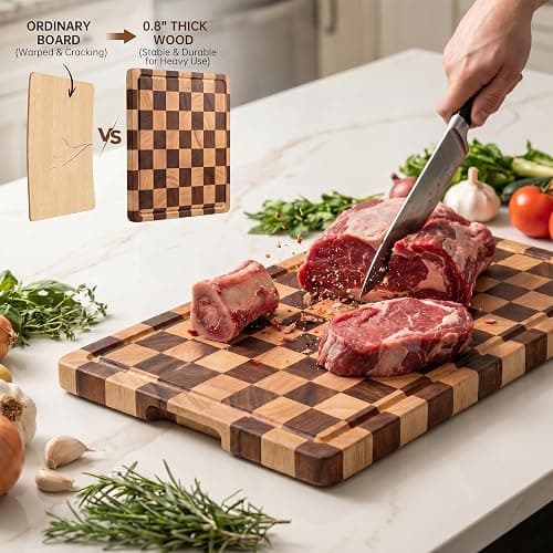 THETCHRY Cutting Boards for Kitchen, Checkered Cutting Board Upgraded, Acacia Wood Chopping Board with Juice Grooves & Handles, Large Butcher Block Serving Tray with Gift Box, 17"X12"X0.8" thumbnail 2