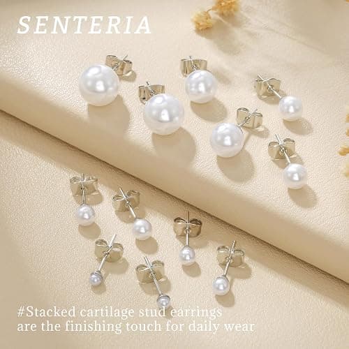 Senteria 925 Sterling Silver Pearl Earrings Studs Set Hypoallergenic Small Stud Earrings Lightweight Shiny Earrings Studs for Women 6 Pairs 3-10MM thumbnail 6