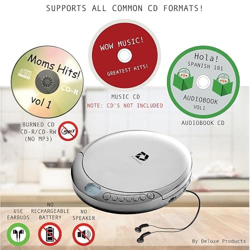 Deluxe Products CD Player Portable with 60 Second Anti Skip, Stereo Earbuds, Includes Aux in Cable and AC USB Power Cable for use at Home or in Car. Silver thumbnail 2