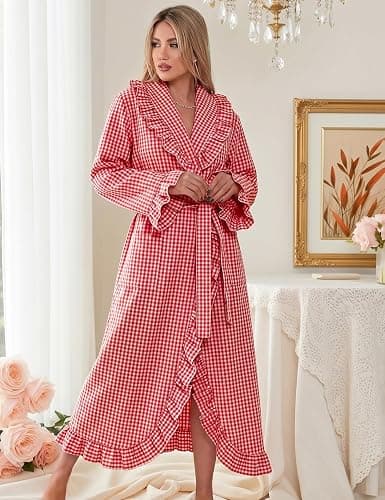 Gihuo Cotton Robes for Women Gingham Long Sleeve Ruffle Trim Bathrobe | Womens Robes Lightweight, Summer Robe, Plaid Bathrobe, Loungewear Sleepwear, Checkered Ruffle Housecoat thumbnail 4