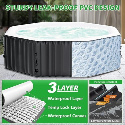 4-6 Person Inflatable Hot Tub, Polygon Portable Blow Up Hot Tub, Leak-Proof PVC Outdoor Spa with 130 Strong Air Jets, Heater Pump and Insulated Cover, 77” X 77”X 25” thumbnail 7