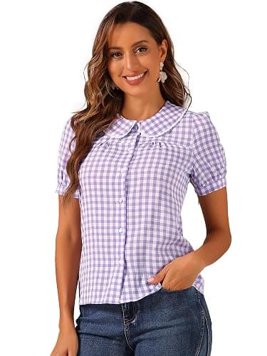 Allegra K Women's Summer Gingham Top Short Sleeve Button Down Peter Pan Collar Plaid Shirt - Image 1