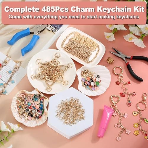 485 Pcs Charms Lip Gloss Keychain Making Kit, DIY Bag Charm Kit Including 40 Key Chain Hooks 30 Extender Chains 212 Gold Charms & Letter 200 Jump Rings 1 Plier and 1 Puncher for Craft Supplies thumbnail 7
