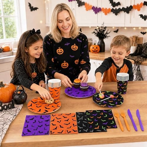 Halloween Plates and Cups Napkins, Spooky Halloween Black Bat Tableware | 144Pcs Halloween Party Plates and Napkins, Halloween Decorations Bat Tableware Set for Birthday Holiday Decor Party Supplies thumbnail 6