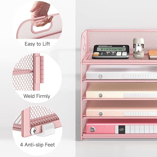 5 Tray Paper Organizer Letter Tray with Handle - Mesh Desk File Organizer, Paper Sorter Organizer for Office, Home or School File Folder Holder - Pink - 5 Tier - Pink thumbnail 4
