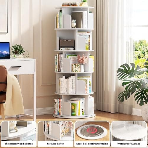 Aheaplus Rotating Bookshelf, 360 Display Wood Spinning Bookshelf Tower, 5 Tier Floor Standing Bookcase Storage Rack, Revolving Bookcase Corner Bookshelfs for Small Space, Bedroom, Study Room, White thumbnail 3