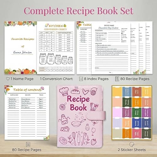IdeaMarlle Recipe Book to Write in Your Own Recipes, Recipe Binder Hold 160 Recipes, Leather Cover Recipe Cookbook with Divider Tabs,Gifts for Mom Daughter (Pink) thumbnail 2