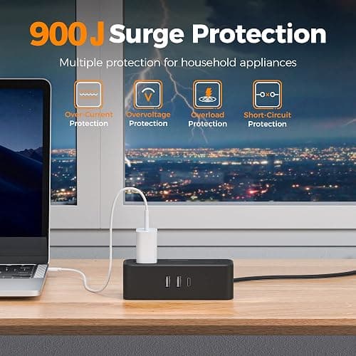 TESSAN Black Extension Cord 5 Ft, Flat Surge Protector Power Strip with 4 Wide Spaced AC Outlets 3 USB Ports (1 USB C), Ultra Thin Flat Plug with 900J Surge Protection, Office Dorm Room Essentials thumbnail 3