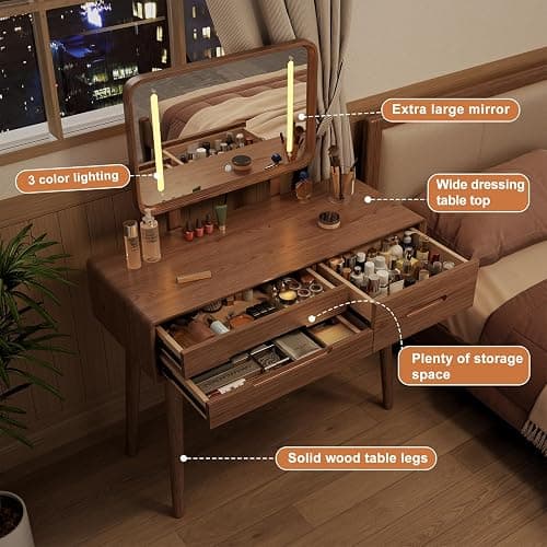 KungFuWood Solid Wood Vanity Desk with Mirror and 3 Lighting Modes,Makeup Vanity Adjustable Height with 3 Drawers,Easy Assemble Vanity Table,Dressing Table for Bedroom and Living Room thumbnail 5