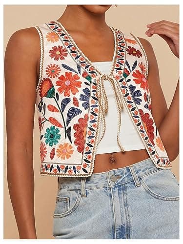 MakeMeChic Women's Floral V Neck Tank Top Sleeveless Tie Front Boho Vest thumbnail 4