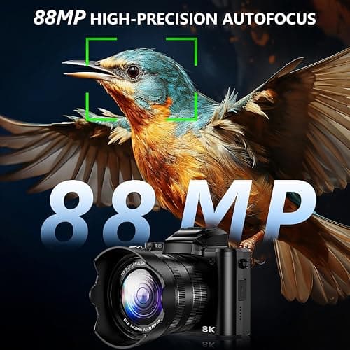 8K 88MP Digital Camera WiFi Cameras for Photography with 3.2" Touchscreen | 16X Zoom, Autofocus, Professional Dual Camera, Anti-Shake, 2 Batteries & Charging Stand, 64GB Card, Flash, Lens Hood thumbnail 4