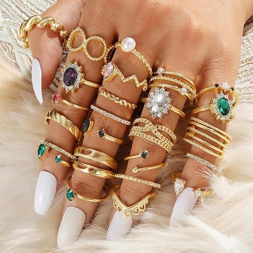 Gold Boho Sparkle Knuckle Rings Set For Women, Vintage Fashion Aesthetic Trendy Joint Snake Ring Pack, Retro Green Black Pink Colorful Rhinestone Star Crystal Leaf Diamond Pearl Jewelry thumbnail 2
