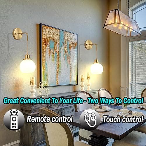Wall Sconces Set Of Two Battery Operated Sconces With Remote,Rechargeable Wall Sconce Non Hardwired UP To 50 Hours Long Life,Globe Glass Wall Sconce With RGB light Bulb For Bedroom Living Room - Brass thumbnail 6