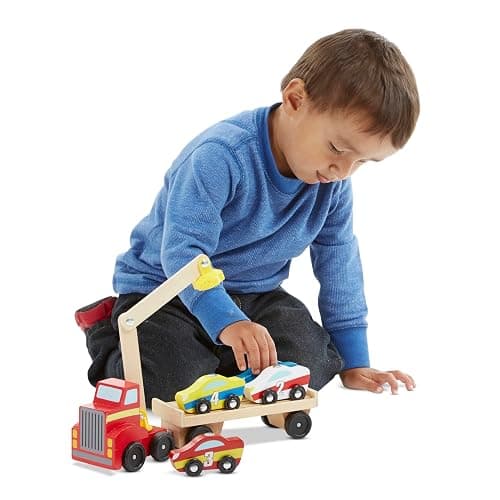 Melissa & Doug Magnetic Car Loader Wooden Toy Set with 4 Cars and 1 Semi-Trailer Truck Crane Wooden Toy, Vehicle Toys for Kids Ages 3+ thumbnail 8
