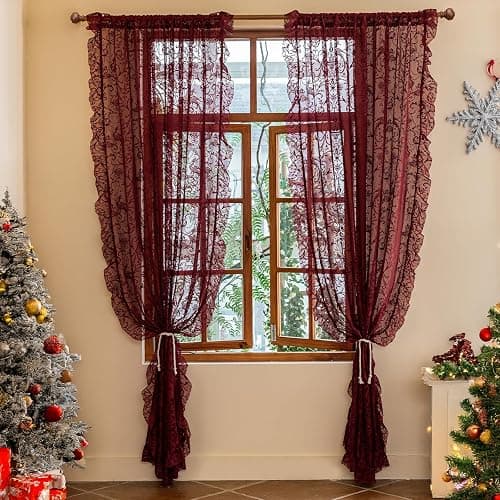 TUDECO Burgundy Sheer Curtains 84 Inches Long for Living Room - Luxury Modern Maroon Lace Curtains for Bedroom, Aesthetic Tulle Rod Pocket Light Filtering Farmhouse Red Drapes, 59 x 84 Inch, Dark Wine thumbnail 6