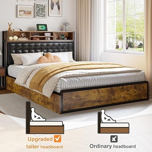 EnHomee Full Bed Frame with 4 Storage Drawers and Headboard Upholstered Bed Frame Full Size with Charging Station, No Noise, Metal Support, No Box Spring Needed,Vintage Brown thumbnail 3