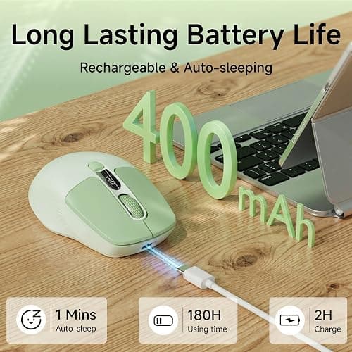 SEUNKWANG EWEADN Q1 Wireless Mouse, BT & 2.4G Silent Mouse Quiet Click with 1600 DPI Levels, Battery & DPI LED Screen Display, 6 Button Small Portable Bluetooth Mouse for Laptop/PC/Mac-Green thumbnail 4