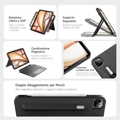 HOU Custodia con Tastiera per iPad Air 11 (M3/M2) 2025, Custodia Magnetica Staccabile con Tastiera per iPad Pro 11 (4ª/3ª/2ª/1ª Gen) e iPad Air (6ª/5ª/4ª Gen), con Touchpad, Retroilluminazione - Nero thumbnail 3