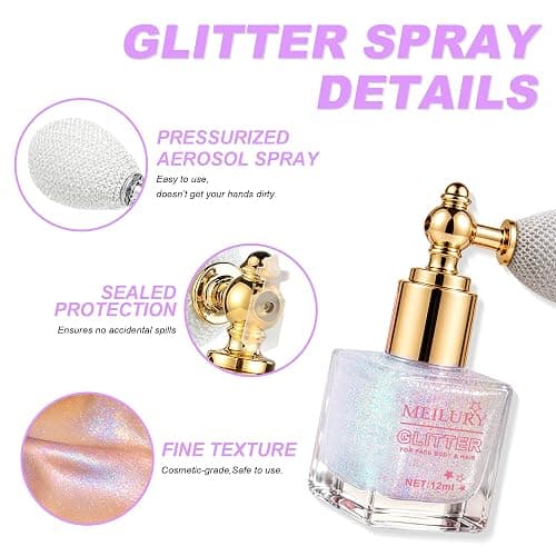 Holographic Body Glitter Spray, Shimmering Sparkle Makeup for Hair Face Clothes, Loose Glitter Highlighter, Festival Rave Party Accessories (Glint-Rainbow & Dazzle) thumbnail 4