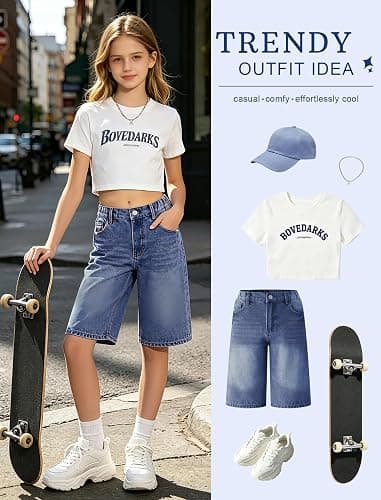 Peakpride Girls Jean Shorts Baggy Wide Leg Washed Bermuda Denim Shorts Straight Leg Cute Summer Y2K Streetwear 7-14Y thumbnail 5