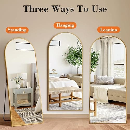 DUMOS 63.6"x20.6" Arched Full Length Mirror with Stand Floor Free Standing Aluminum Frame for Bedroom Body Hanging Leaning Modern Simple Home Decor Shatter-proorf Nano Glass Wall, Gold-Rounded thumbnail 5