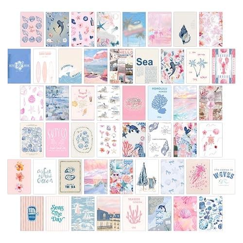 Coastal Granddaughter Room Decor, Pink and Blue Wall Collage Kits, 50 Pcs 4x6 Inch Beachy Aesthetic Wall Art Prints Posters, Coastal Cowgirl Room Dorm Wall Decor for Teen Girls - Image 1