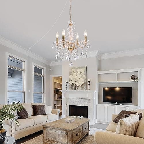 AMZASA Plug in Crystal Chandelier,French Country Gold Crystals Chandelier Pendant Lighting, 5 Light Glass Crystal Light for Living Room, Wedding, Island, Bedroom, Hallway,Foyer,Electroplating thumbnail 8