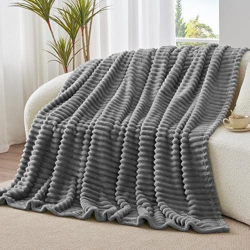 BEDELITE Fleece Throw Blanket for Couch - 300GSM Soft & Warm Fluffy Grey Blanket, Decorative and Giftable Striped Blankets for Women, Men, 50"x60" thumbnail 4