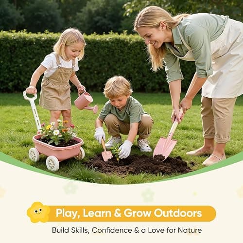 Grenebo Kids Gardening Set with Wheelbarrow, 11-Piece Outdoor Yard, Beach, STEM Garden Play Kit with Child-Sized Tools, Durable, Safe & Fun Gift Toy for Ages 2+ Kids Toddlers Boys Girls (Pink) thumbnail 3