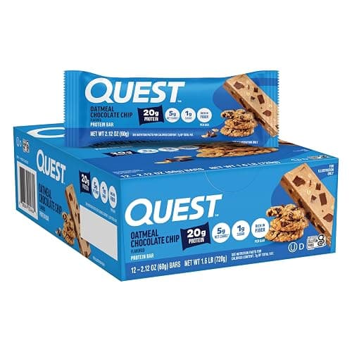 Quest Nutrition Oatmeal Chocolate Chip Protein Bars, 20g Protein, 1g Sugar, 5g Net Carb, Gluten Free, Keto Friendly, 12 Count - Image 1