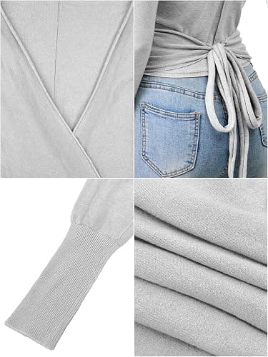 OFSOAK Womens Wool Tie Front Tops Crop Top Solid Long Sleeve Solid V-Neck Lightweight Crochet Cardigan Crop thumbnail 6