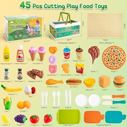 78Pc Pretend Play Food for Kids Kitchen, Cutting Toy Food with Storage Basket, Play Kitchen Accessories, Food Toys with Veggies, Fruits, Fake Food with Pizza Toy, Pretend Food, Boys Girls Gift thumbnail 6