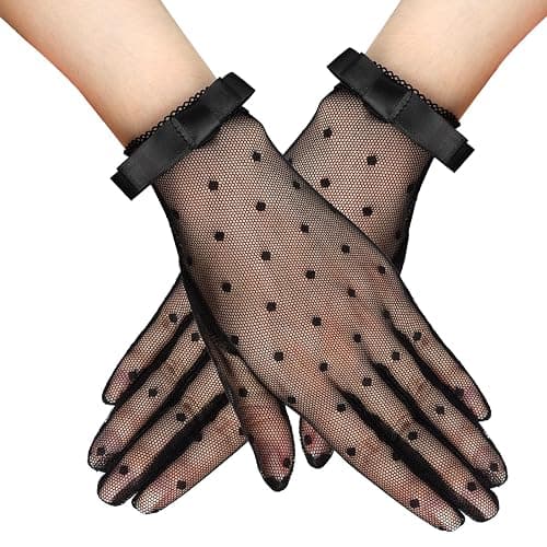 loghohu Black Mesh Lace Gloves Women, Black Lace Gloves with Polka Dots Bow Vintage Short Tulle Sheer Glove for Tea Party Women Dress Wedding Dinner Opera - Image 1