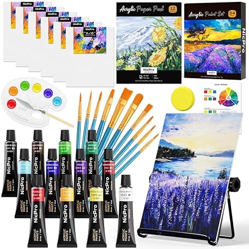Nicpro Kids Paint Set, 34PCS Painting Supplies Kit Non Toxic,12 Colors Acrylic Paint, Table Easel, 6 Canvas Panels, 10 Brushes, Paper Pad, Sponge, Color Wheel, Palette for Adult Toddlers Beginner - Image 1