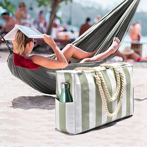 Becokan Sac de piscine pour femme – Imperméable à l'eau et au sable à grandes rayures avec fermeture éclair thumbnail 3