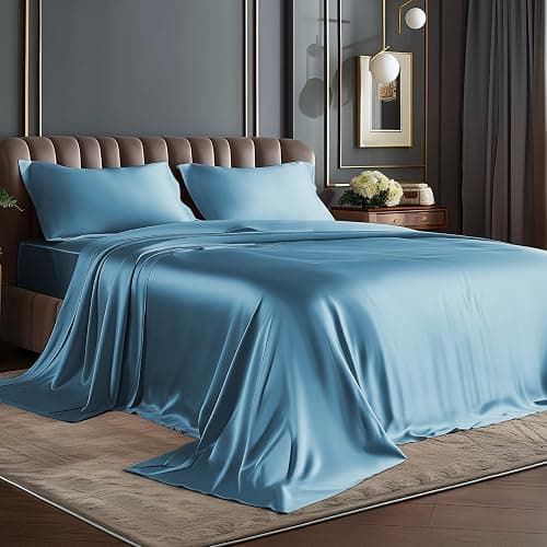 BEDELITE Satin Sheets Queen Size Bed Set, Airy Blue, 4 Pieces | Luxury Silky Bed Sheets, 15 Inch Deep Pocket, Similar to Silk, Soft and Cooling, Reduces Friction, Gentle on Hair and Skin - Image 1