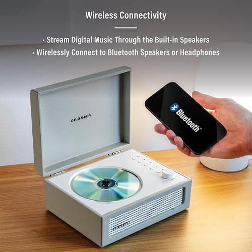 Crosley Voyager Portable CD Player with Bluetooth, Built-In Stereo Speakers & FM Radio – Rechargeable CD Players for Home, Office & Travel with Headphone Jack, Aux Input - Vintage Suitcase Design thumbnail 4