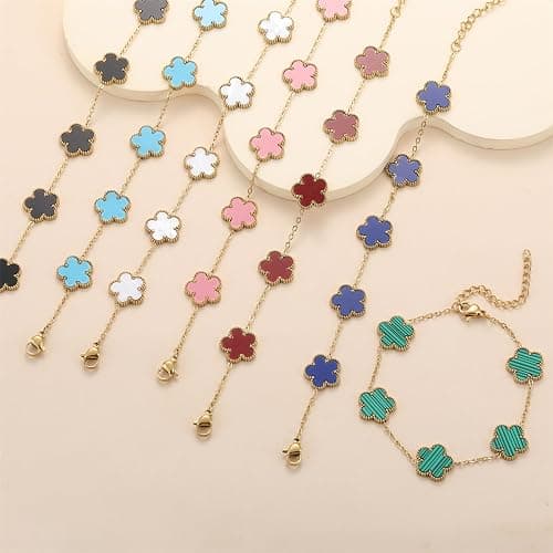 RWQIAN Gold Plated Five Leaf Lucky Clover Bracelets for Women,White/Black/Red/Green/Blue/Pink Clover Link Flower Charm Bracelets,Adjustable Clover Bracelet Chain Jewelry Gifts Trendy for Birthday thumbnail 6