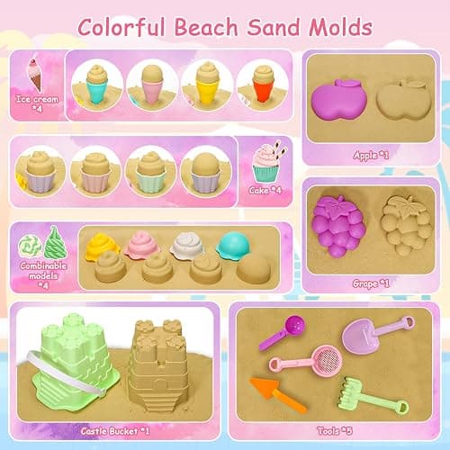Tagitary Beach Sand Toys for Kids, Beach Toys 23PCS Set with Ice Cream Cake Sand Molds, Mesh Beach Bag, Bucket, Watering Can, Shovel, Rake - Ideal for Toddler Sandbox, Outdoor Play and Beach Travel thumbnail 3